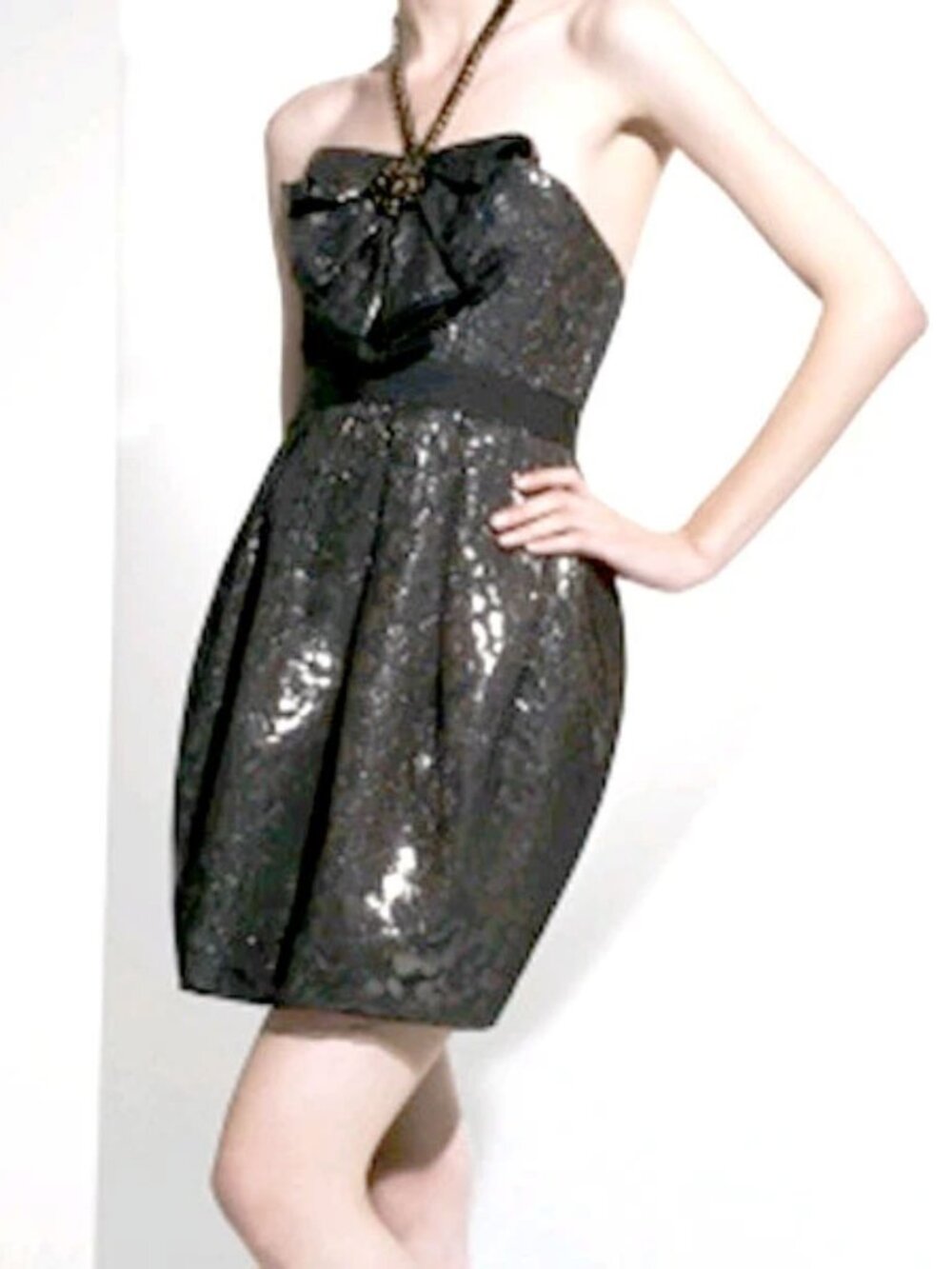 BCBGMAXAZRIA Metallic Jacquard Beaded Halter Cocktail Dress size 8